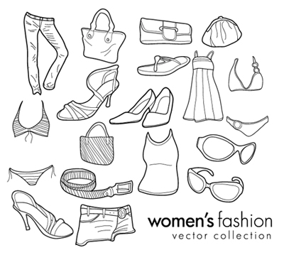 女性のドレスやバッグ、サングラスなどのベクター素材